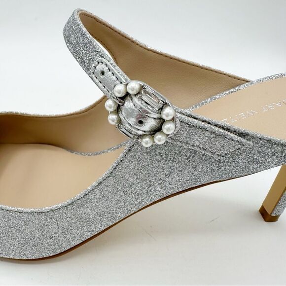 NEW‎ Stuart Weitzman Silver Shimmery Mule Heels Pearl Buckle Accent Size 9.5 - Picture 3 of 12